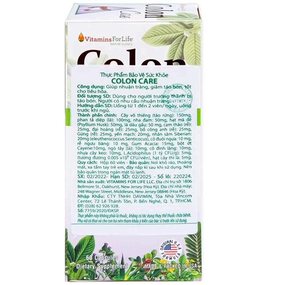 Viên uống giúp nhuận tràng, giảm táo bón, tốt cho tiêu hóa Colon Care Vitamins For Life (60 viên)