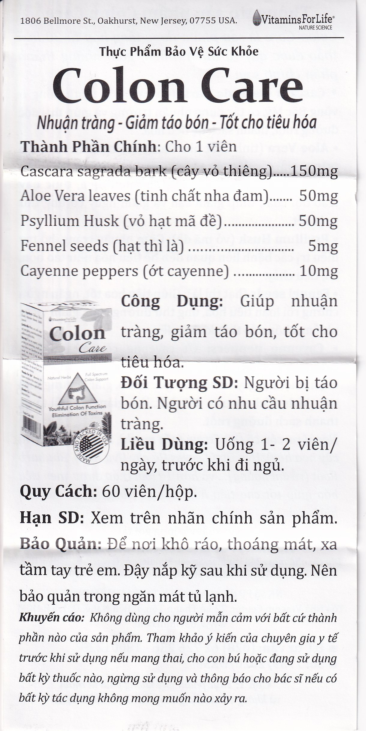 Viên uống giúp nhuận tràng, giảm táo bón, tốt cho tiêu hóa Colon Care Vitamins For Life (60 viên)