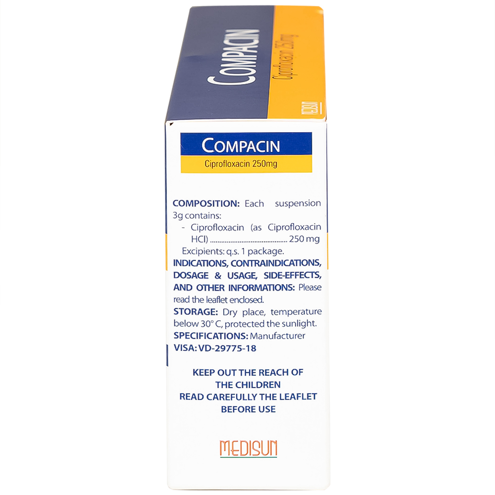 Bột pha hỗn dịch uống Compacin 250mg Medisun dùng cho các nhiễm khuẩn do các vi khuẩn nhạy cảm (20 gói)