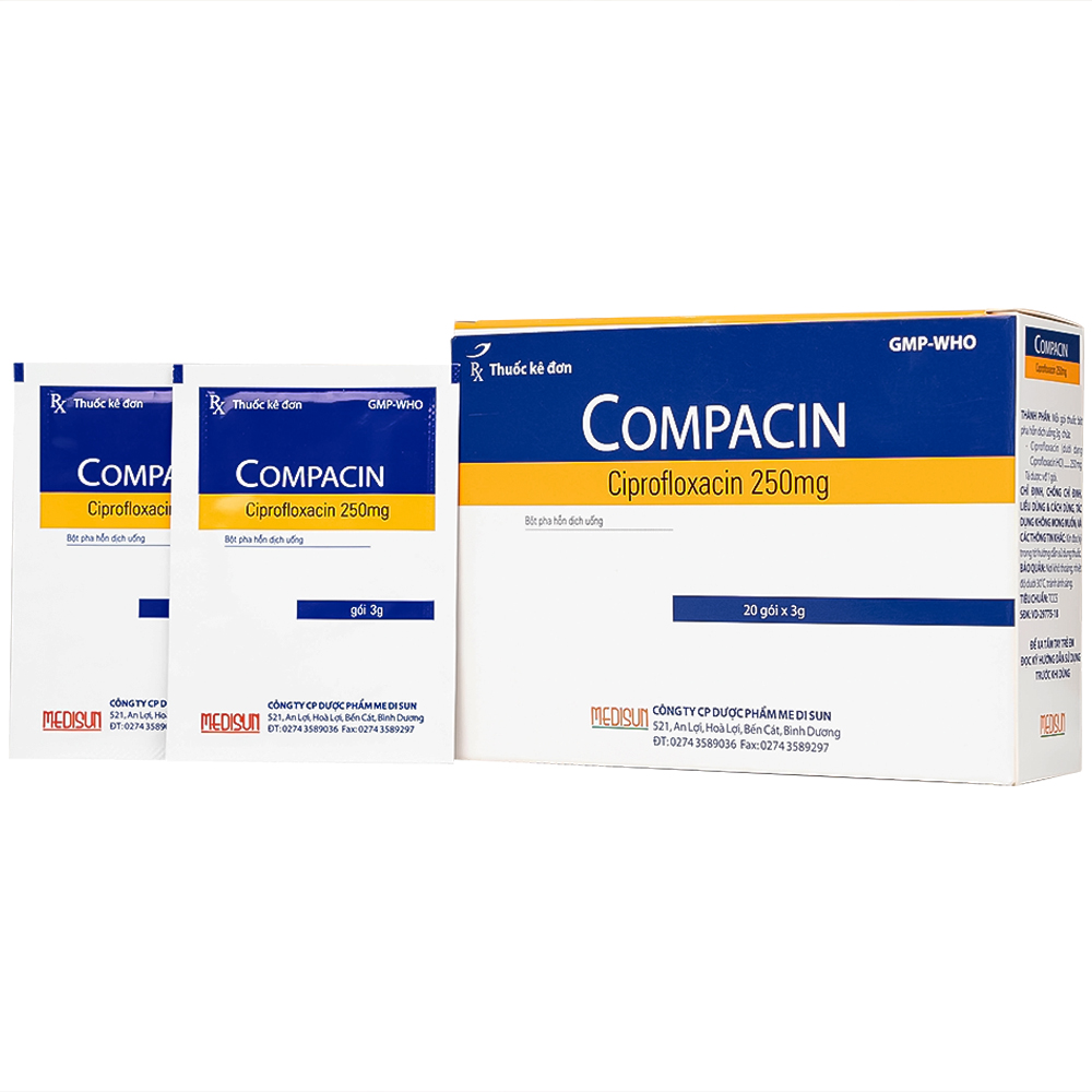 Bột pha hỗn dịch uống Compacin 250mg Medisun dùng cho các nhiễm khuẩn do các vi khuẩn nhạy cảm (20 gói)
