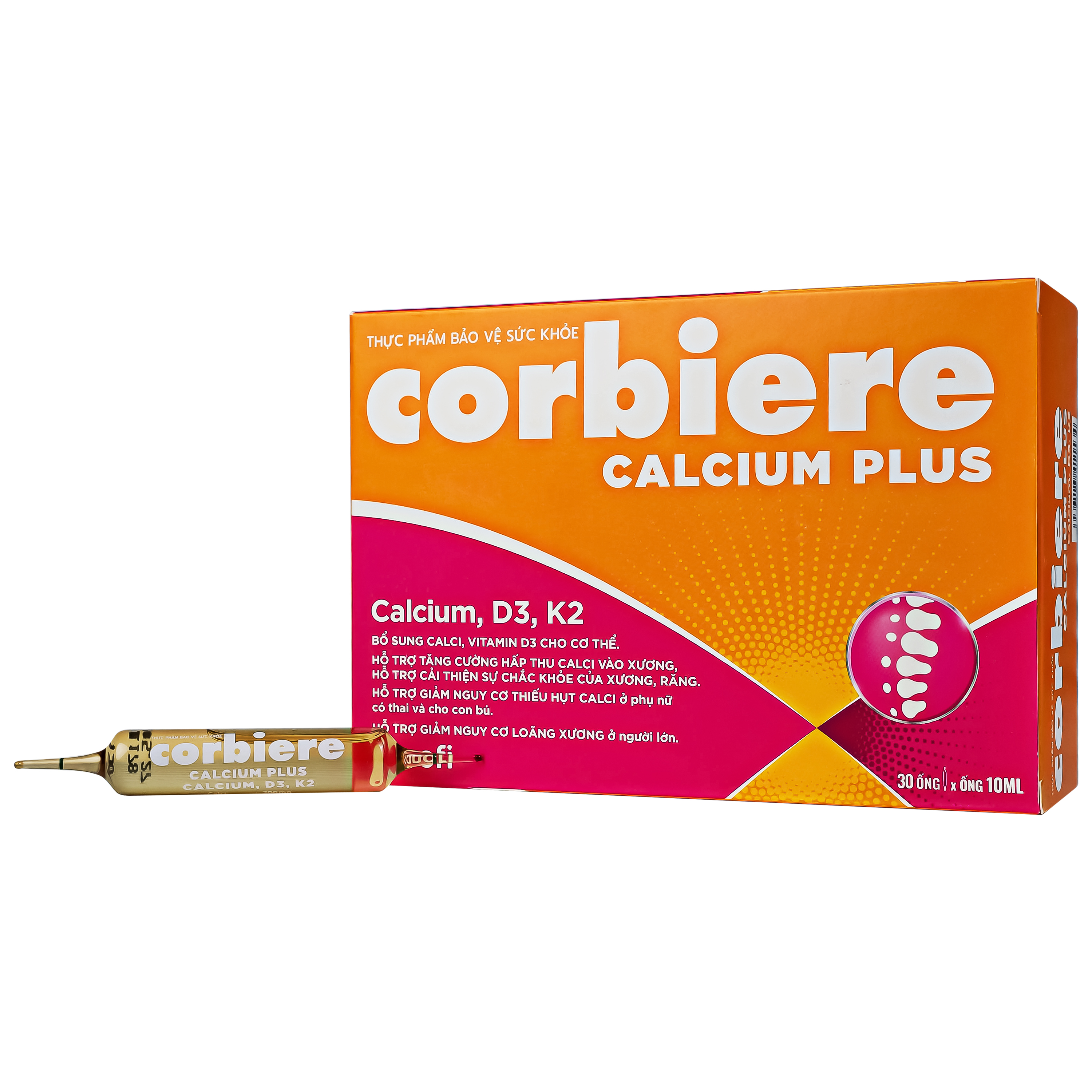 Thực phẩm bảo vệ sức khỏe Corbiere Calcium Plus Sanofi giúp bổ sung calci, vitamin D3 (3 vỉ x 10 ống)