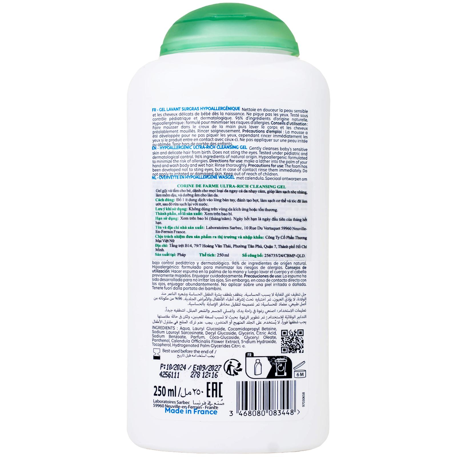 Gel tắm gội cho bé Corine de Farme Baby Ultra Rich Cleansing Gel dịu nhẹ dành cho mọi loại da (250ml)