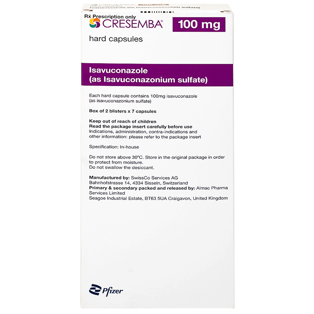 Thuốc Cresemba 100mg Pfizer điều trị nhiễm nấm Aspergillus xâm lấn và nhiễm nấm Mucorales (2 vỉ x 7 viên)