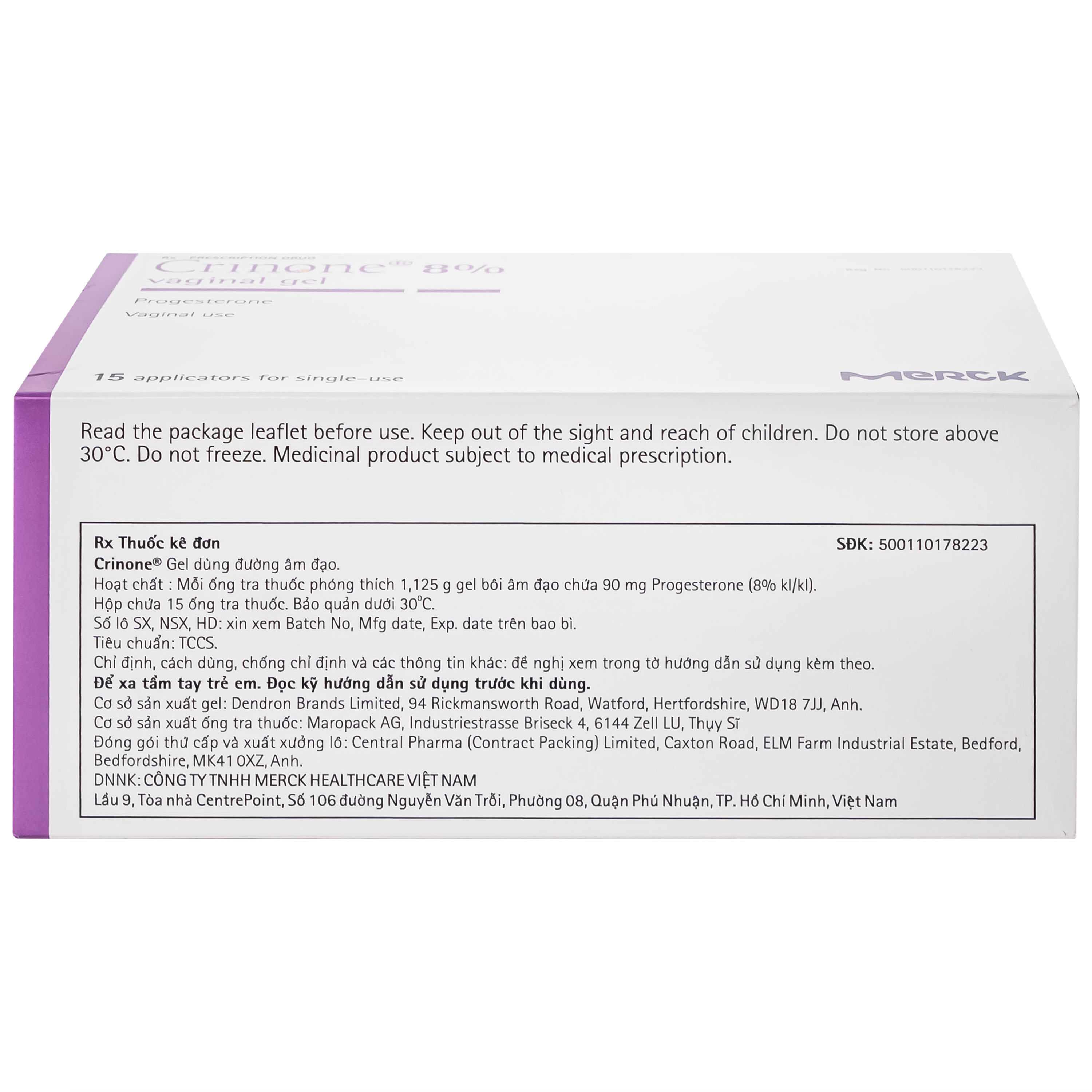Gel Crinone 8% Merck điều trị các rối loạn liên quan đến sự thiếu hụt progesterone (15 ống)