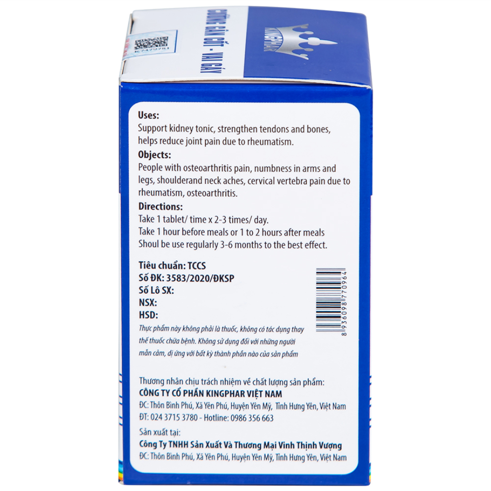 Viên uống hỗ trợ bổ thận, giúp hạn chế đau nhức khớp xương do phong thấp Cường Gân Cốt - Vai Gáy Kingphar (60 viên)