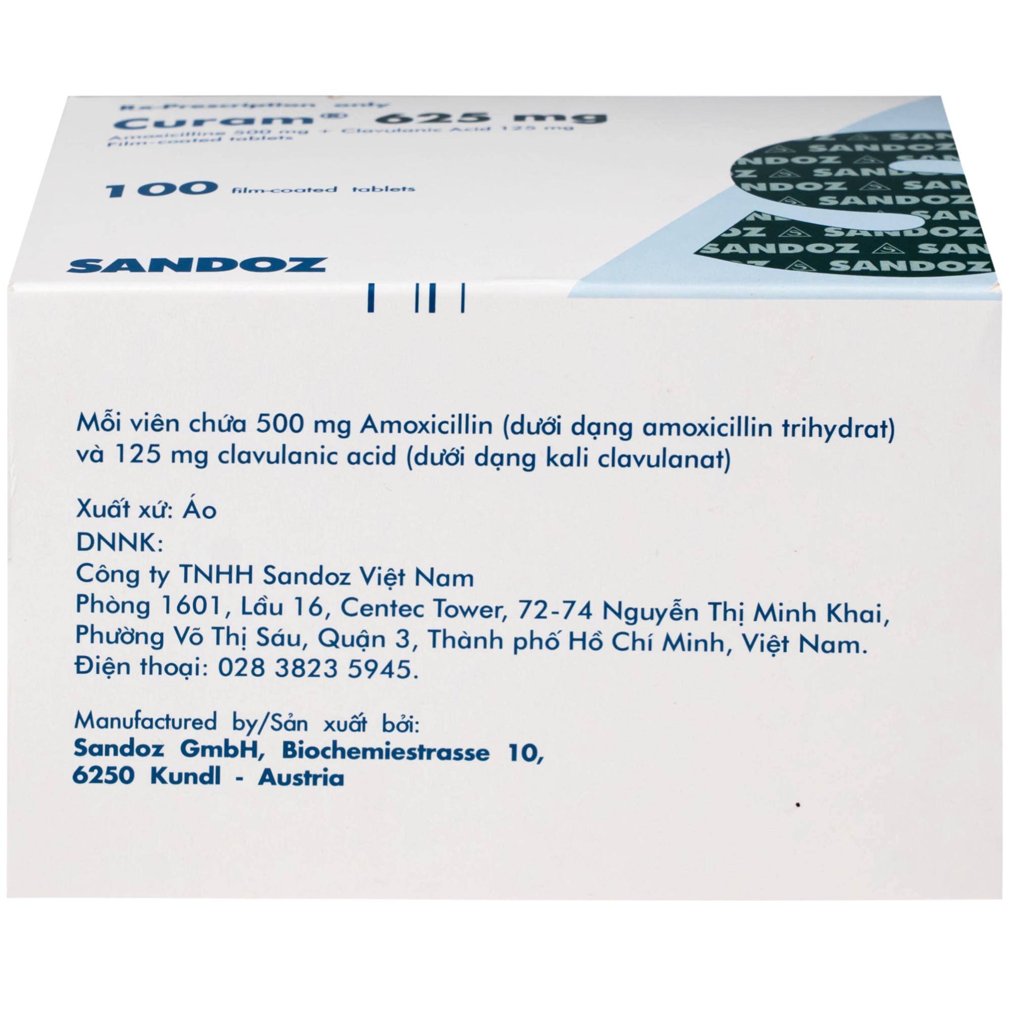 Thuốc Curam 625mg Sandoz điều trị nhiễm khuẩn do các vi khuẩn nhạy cảm (25 vỉ x 4 viên)