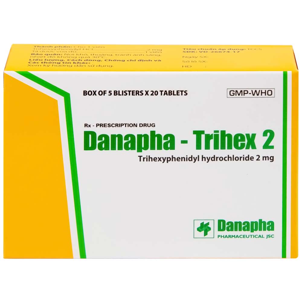 Thuốc Danapha - Trihex 2 điều trị hỗ trợ hội chứng Parkinson, giảm hội chứng ngoại tháp (5 vỉ x 20 viên)
