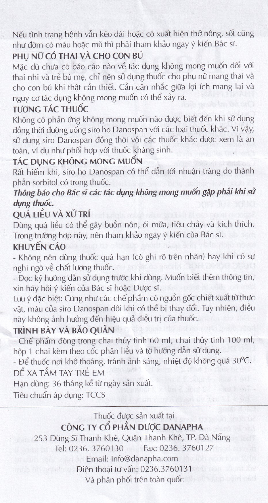 Dung dịch Danospan Danapha điều trị viêm đường hô hấp cấp tính có kèm ho (60ml)