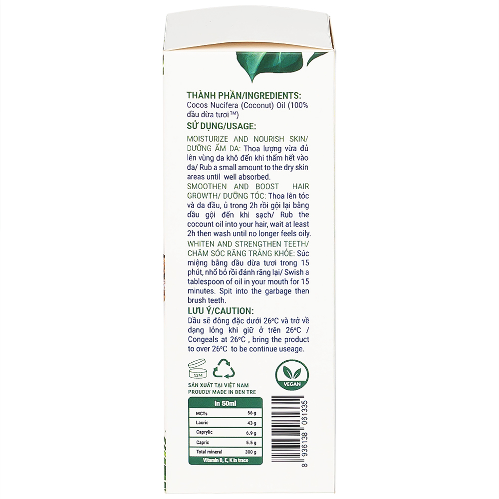 Dầu dừa tươi Raw Virgin Coconut Oil Cobote dưỡng ẩm, chống hăm, chăm sóc răng miệng (50ml)