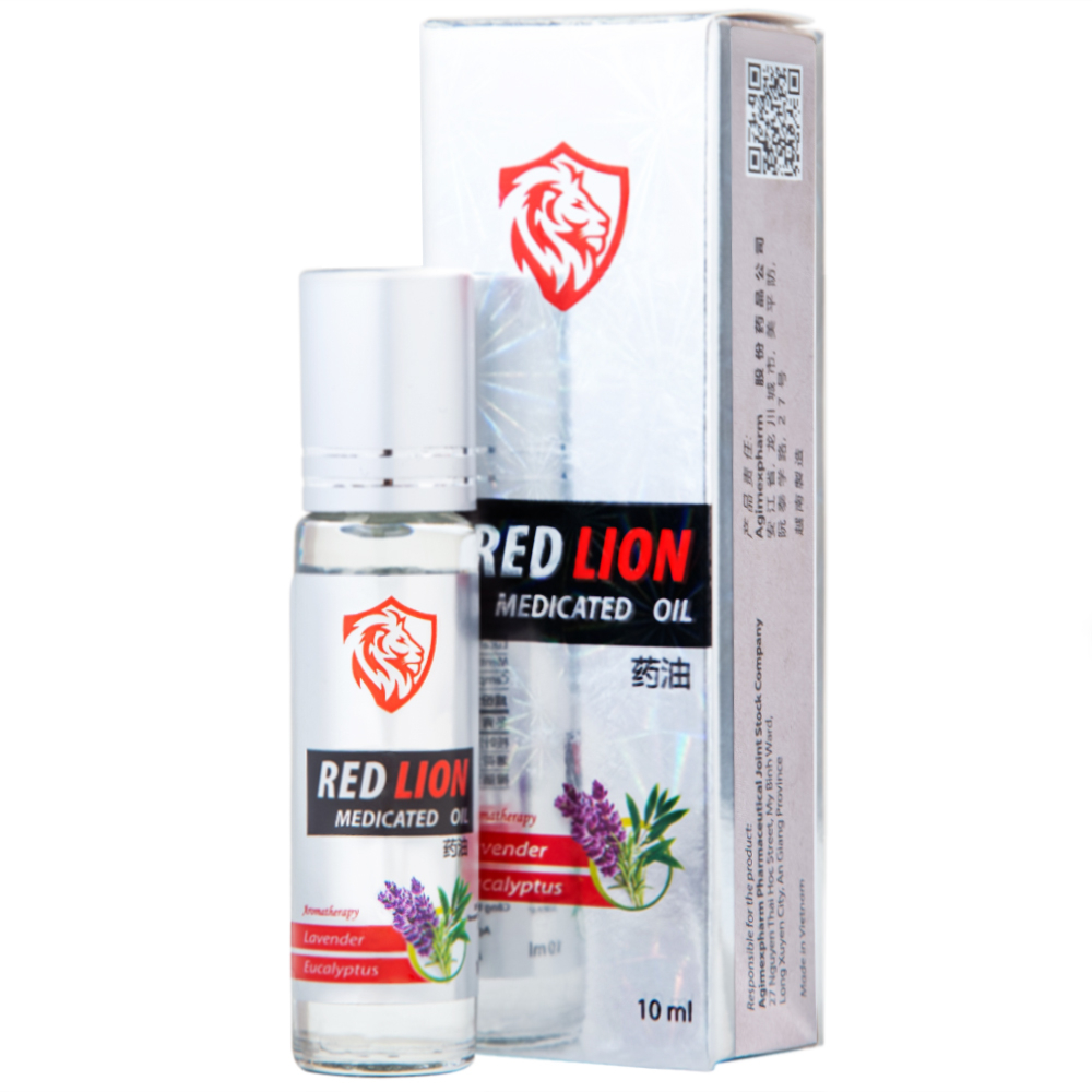 Dầu gió lăn Red Lion Medicated Oil White Agimexpharm hương Lavender &amp; Eucalyptus giúp giảm đau, ngừa côn trùng (10ml)