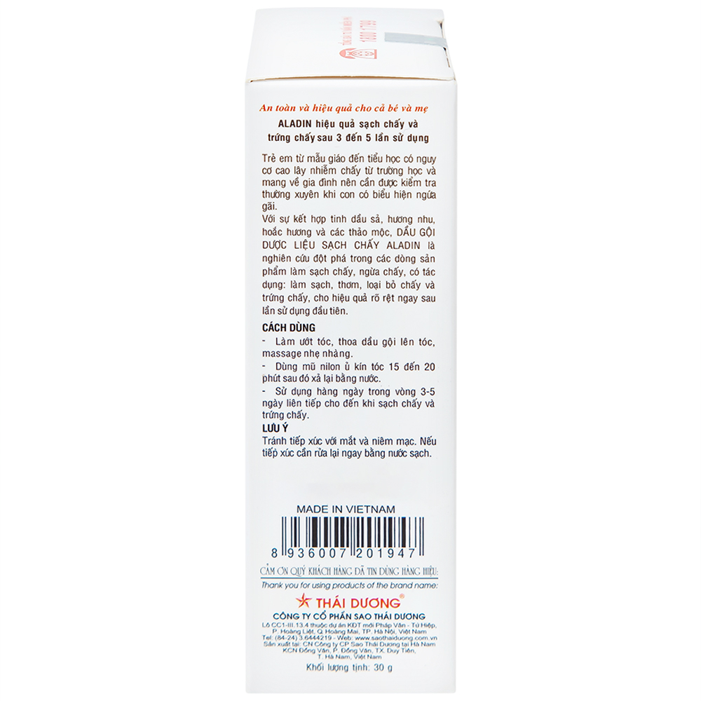 Dầu gội sạch chấy Aladin Thái Dương 30g