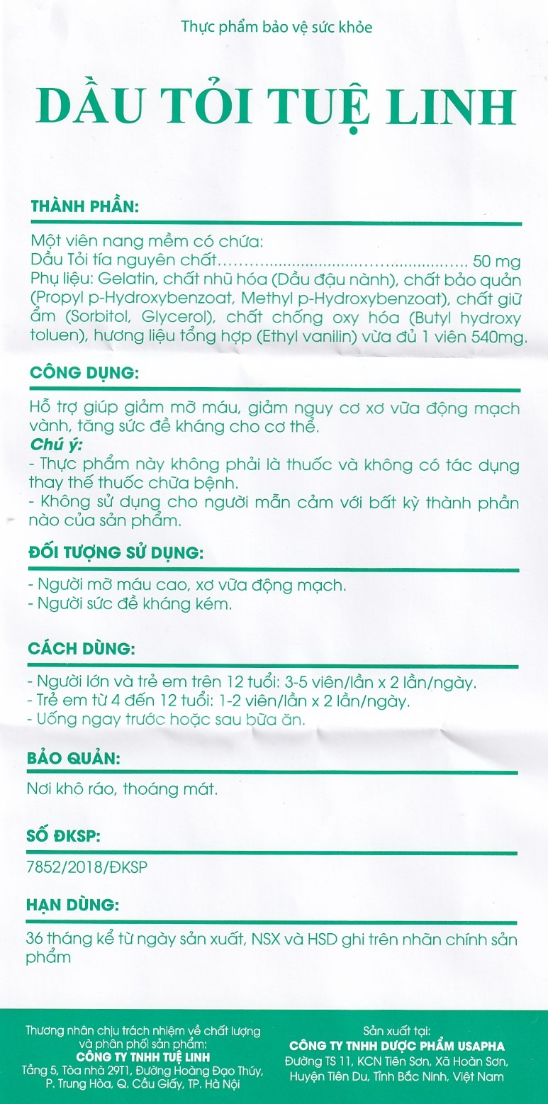 Viên hỗ trợ giúp giảm mỡ máu Dầu Tỏi Tuệ Linh (100 viên)