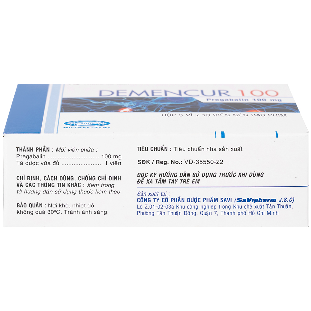 Thuốc Demencur 100 DaviPharm điều trị đau thần kinh trung ương và ngoại vi (3 vỉ x 10 viên)