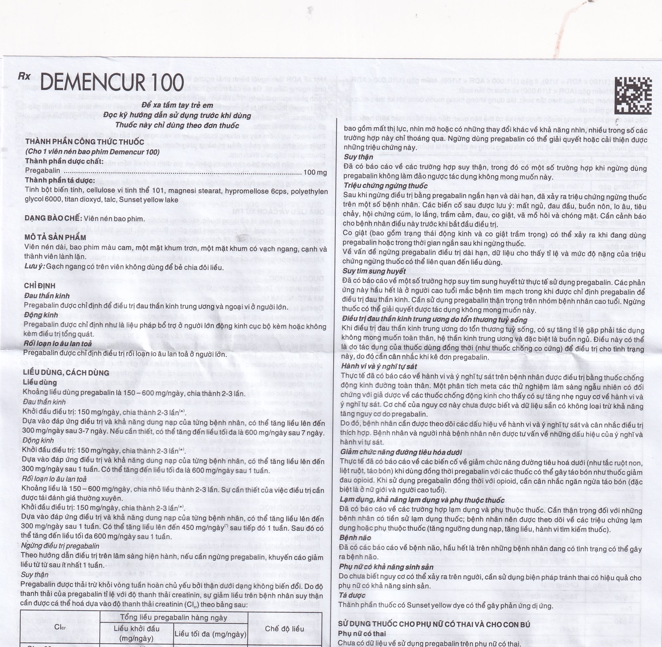 Thuốc Demencur 100 DaviPharm điều trị đau thần kinh trung ương và ngoại vi (3 vỉ x 10 viên)