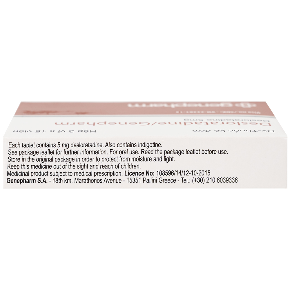 Thuốc Desloratadine 5mg Genepharm giảm các triệu chứng viêm mũi dị ứng, mày đay (2 vỉ x 15 viên)