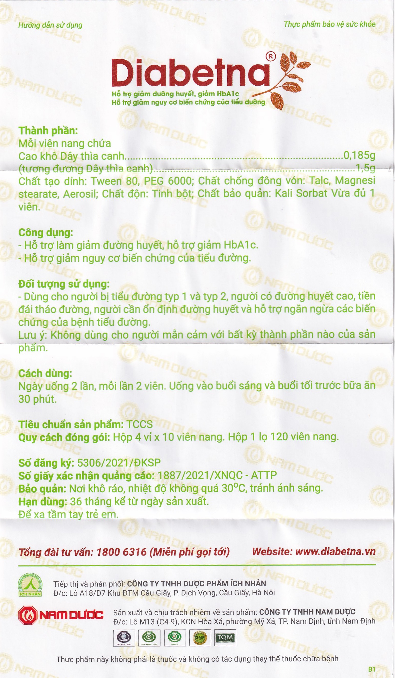 Viên hỗ trợ giảm đường huyết Diabetna Nam Dược (4 vỉ x 10 viên)