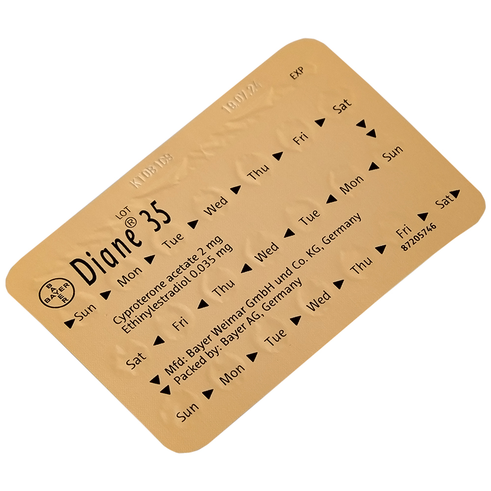 Thuốc Diane 35 Bayer điều trị mụn trứng cá mức độ vừa đến nặng và tác dụng tránh thai hormon (1 vỉ x 21 viên)