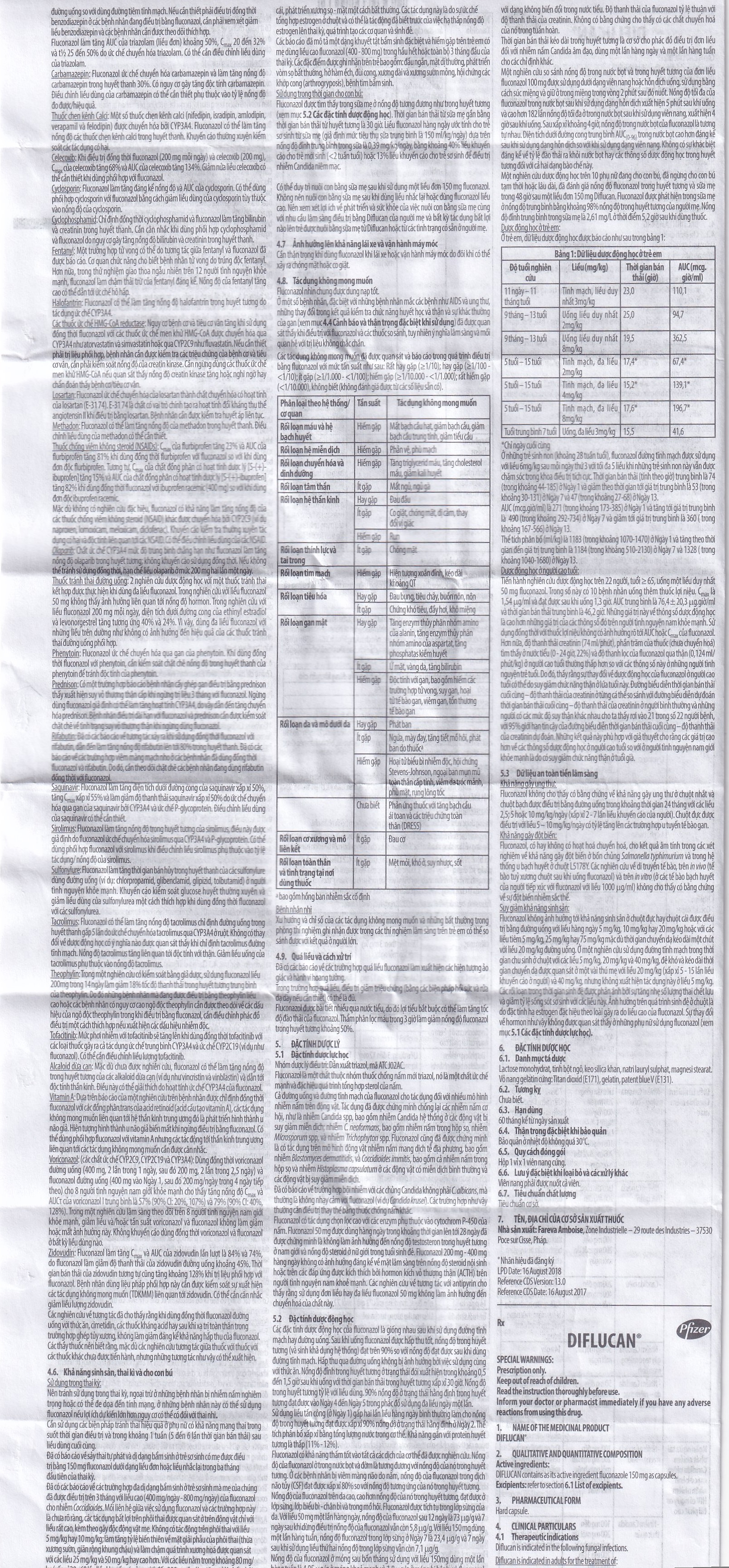 Thuốc Diflucan 150mg Pfizer điều trị tình trạng nhiễm nấm (1 vỉ x 1 viên)