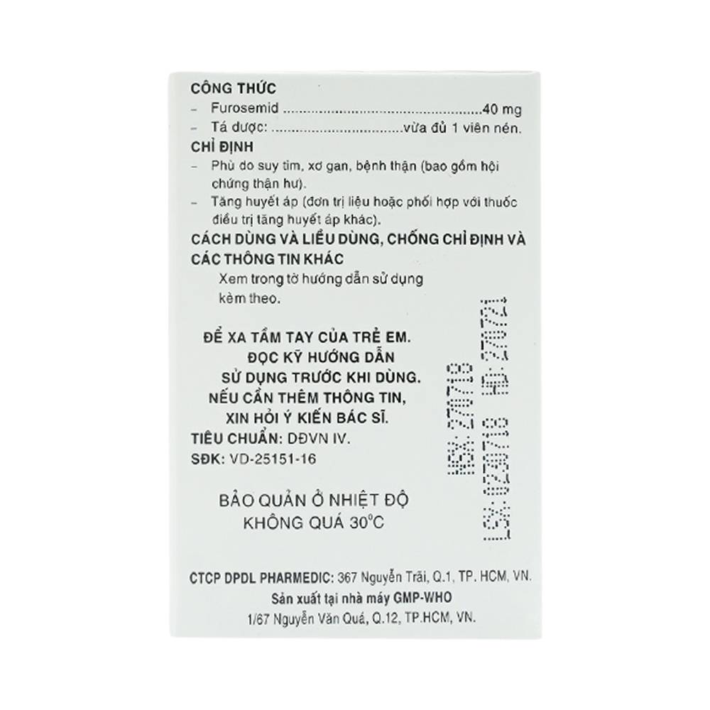 Thuốc Diurefar 40 Pharmedic điều trị tăng huyết áp, phù do suy tim, xơ gan, bệnh thận (10 vỉ x 12 viên)