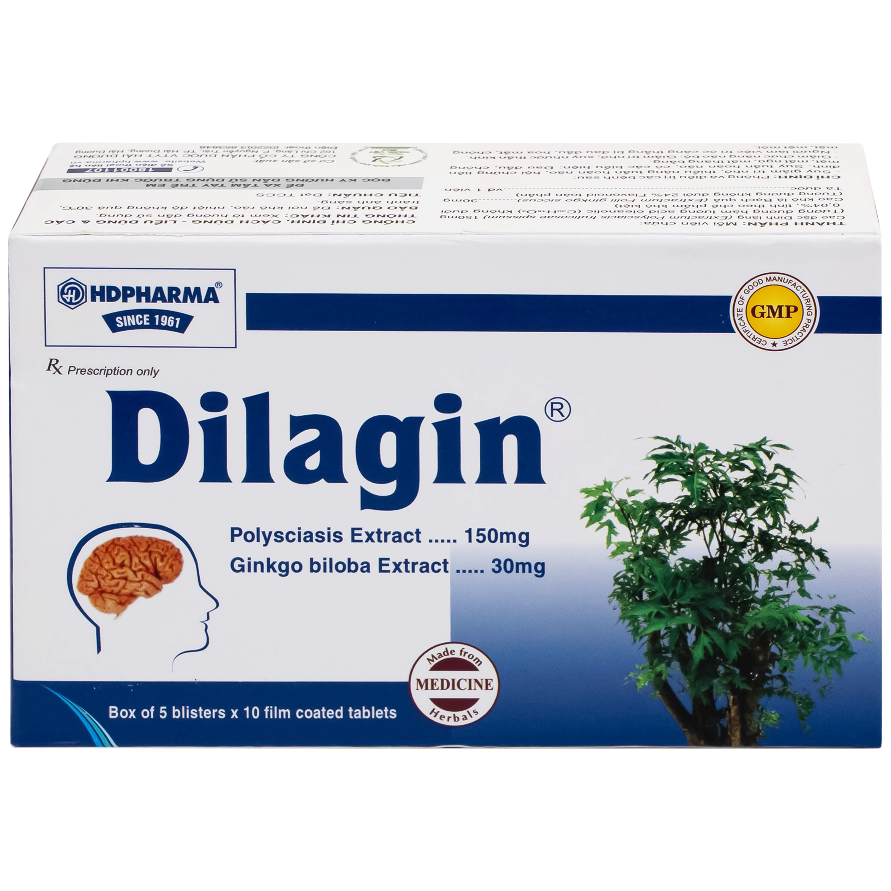 Thuốc Dilagin 150mg Hd Pharma phòng và điều trị suy giảm trí nhớ, thiểu năng tuần hoàn não (5 vỉ x 10 viên)