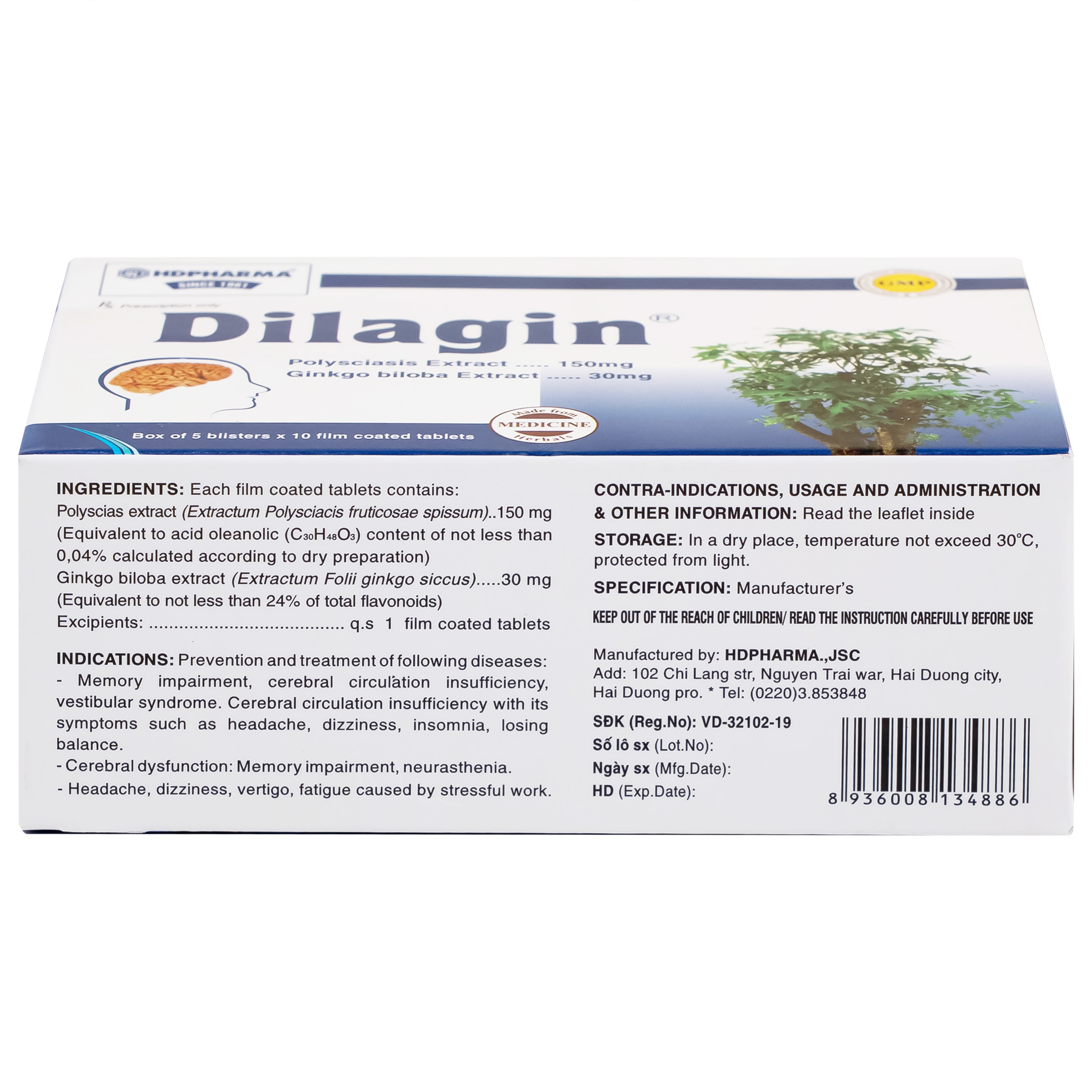 Thuốc Dilagin 150mg Hd Pharma phòng và điều trị suy giảm trí nhớ, thiểu năng tuần hoàn não (5 vỉ x 10 viên)