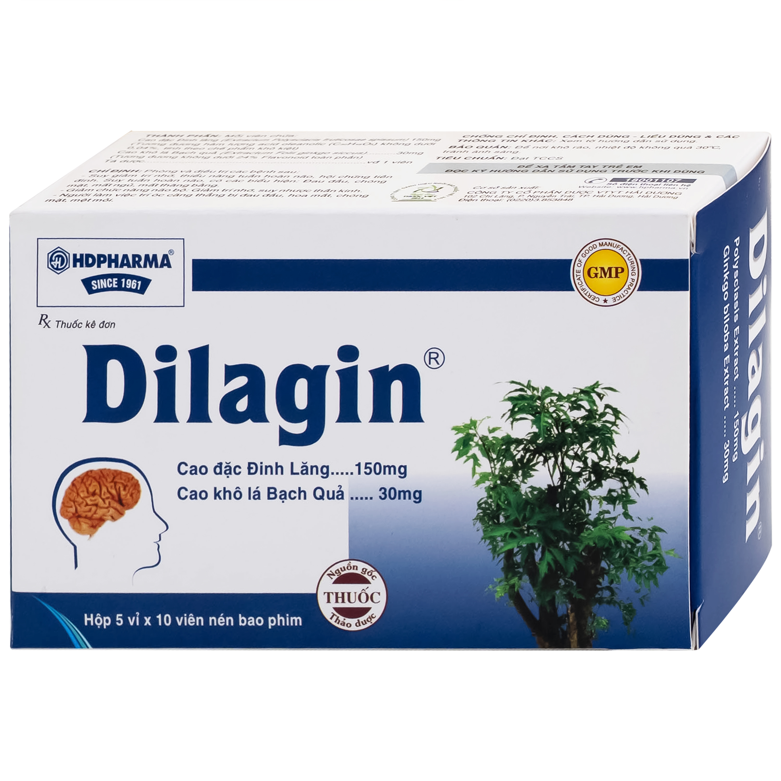 Thuốc Dilagin 150mg Hd Pharma phòng và điều trị suy giảm trí nhớ, thiểu năng tuần hoàn não (5 vỉ x 10 viên)