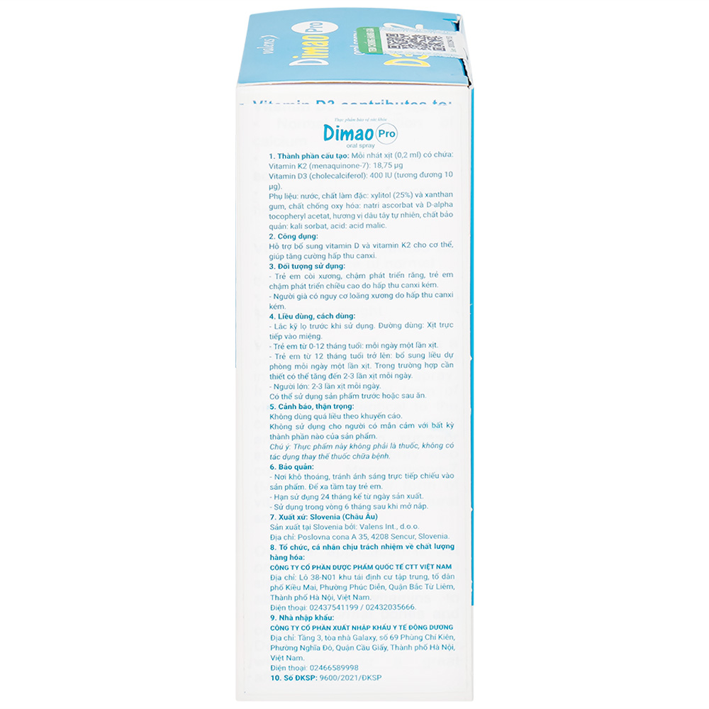 Chai xịt giúp tăng cường hấp thu canxi Dimao Pro Oral Spray D3 + K2 Valens (25ml)