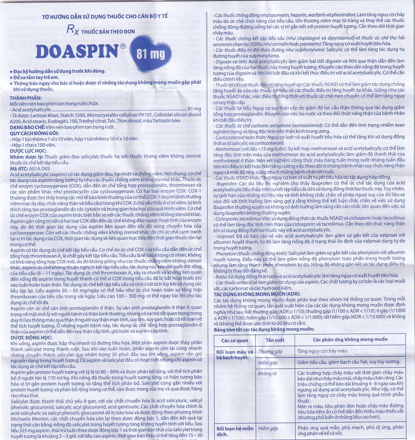 Thuốc Doaspin 81mg Domesco dự phòng huyết khối tim mạch và mạch não (100 viên)