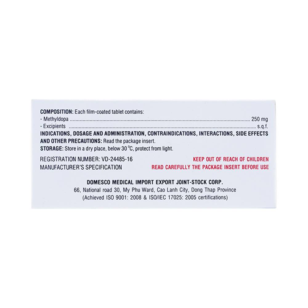 Thuốc Domepa 250mg Domesco điều trị tăng huyết áp (10 vỉ x 10 viên)