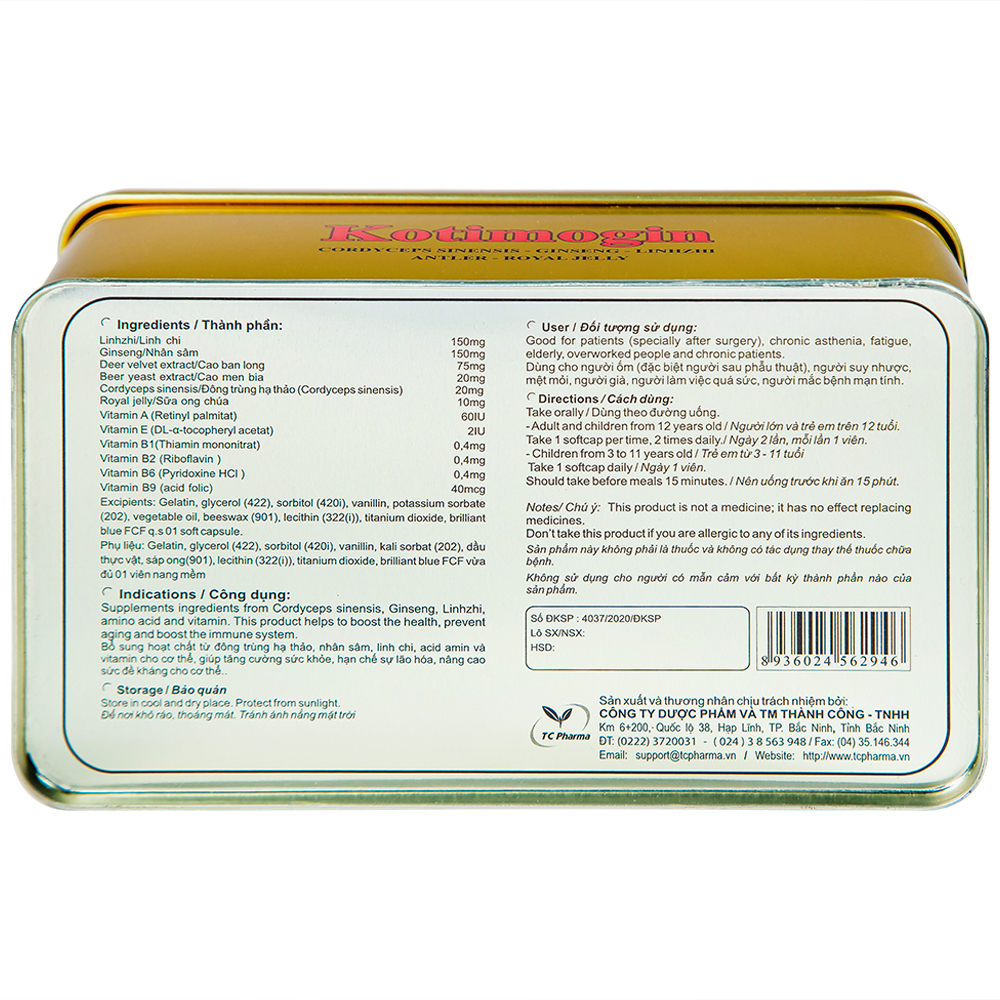 Viên uống Sâm - Đông Trùng Hạ Thảo tăng cường sức khỏe, tăng sức đề kháng Kotimogin (20 vỉ x 3 viên)