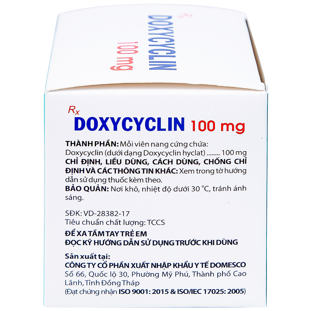 Thuốc Doxycyclin 100mg Domesco điều trị nhiễm khuẩn (10 vỉ x 10 viên)
