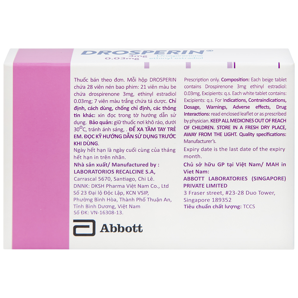 Thuốc tránh thai hằng ngày Drosperin Abbott (1 vỉ x 28 viên)