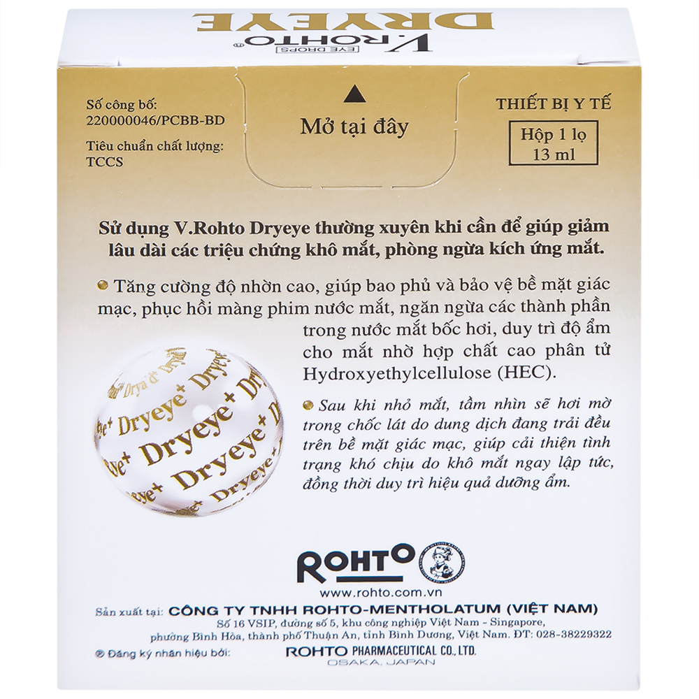 Nhỏ mắt V.Rohto Dryeye 13ml hỗ trợ bôi trơn mắt, bổ sung nước mắt nhân tạo