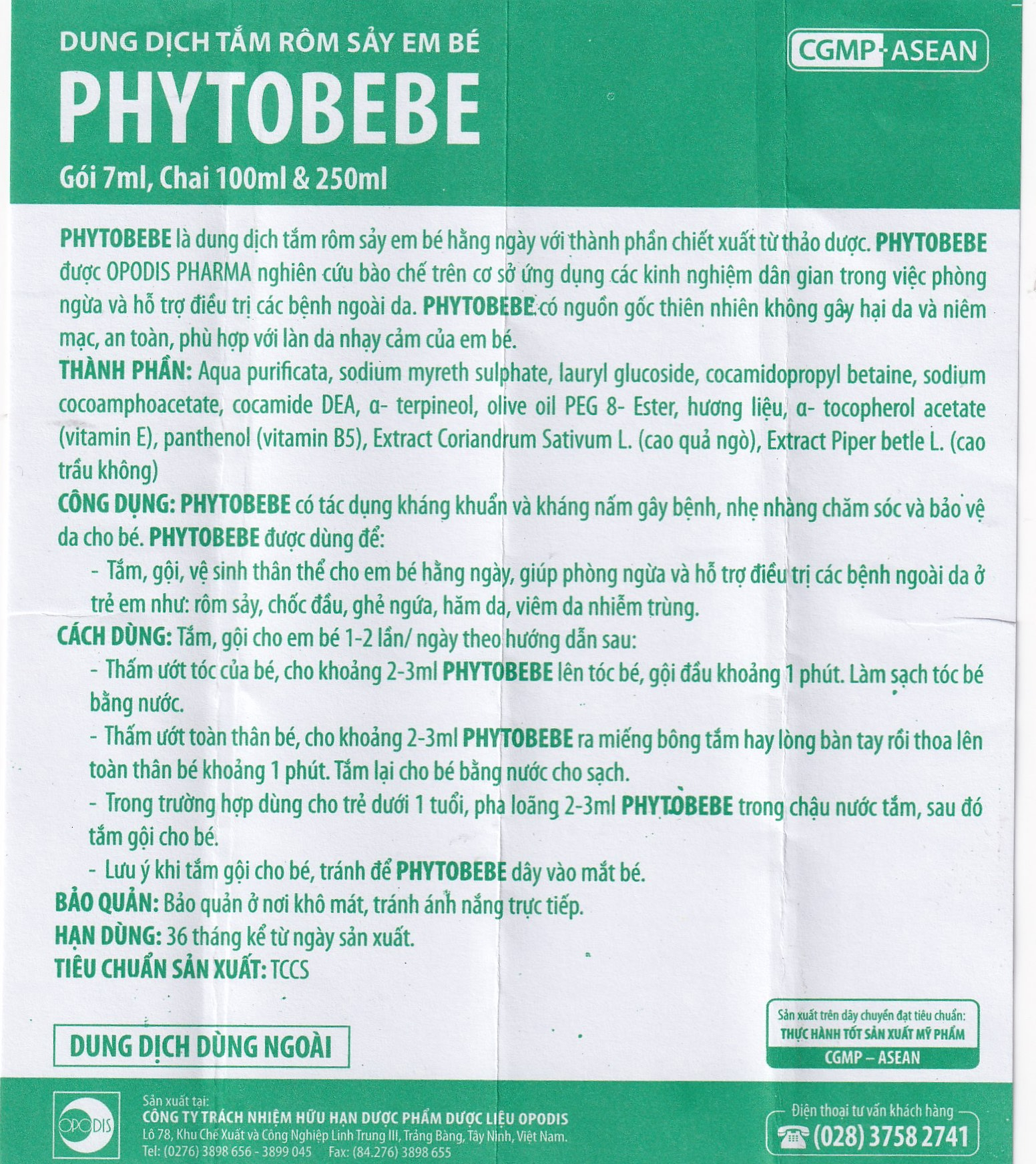 Dung dịch tắm Phyto Bebe Opodis làm giảm rôm sảy, giảm kích ứng (250ml)