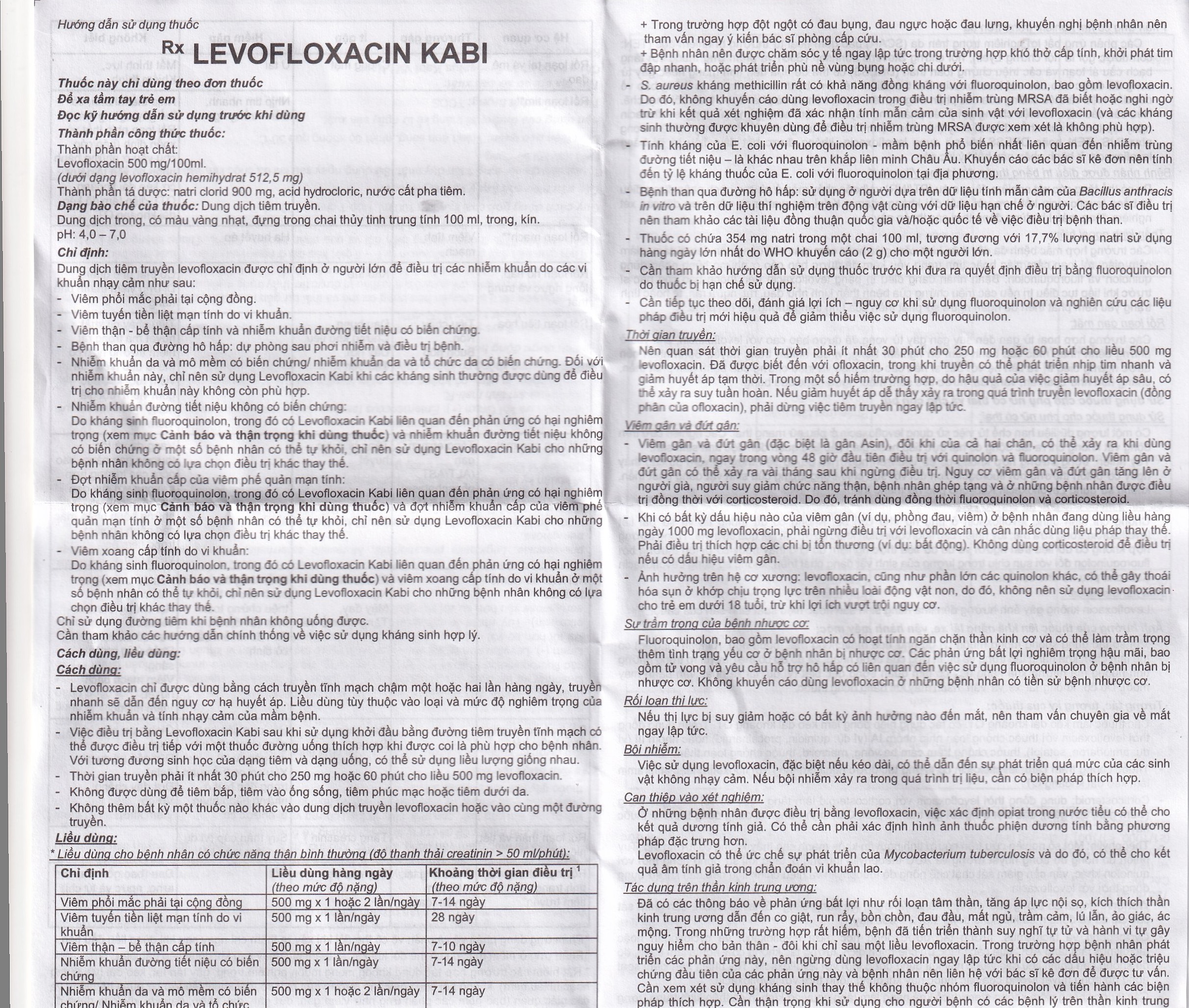 Dịch tiêm truyền Levofloxacin Kabi 100ml Fresenius Kabi điều trị nhiễm khuẩn, viêm phổi
