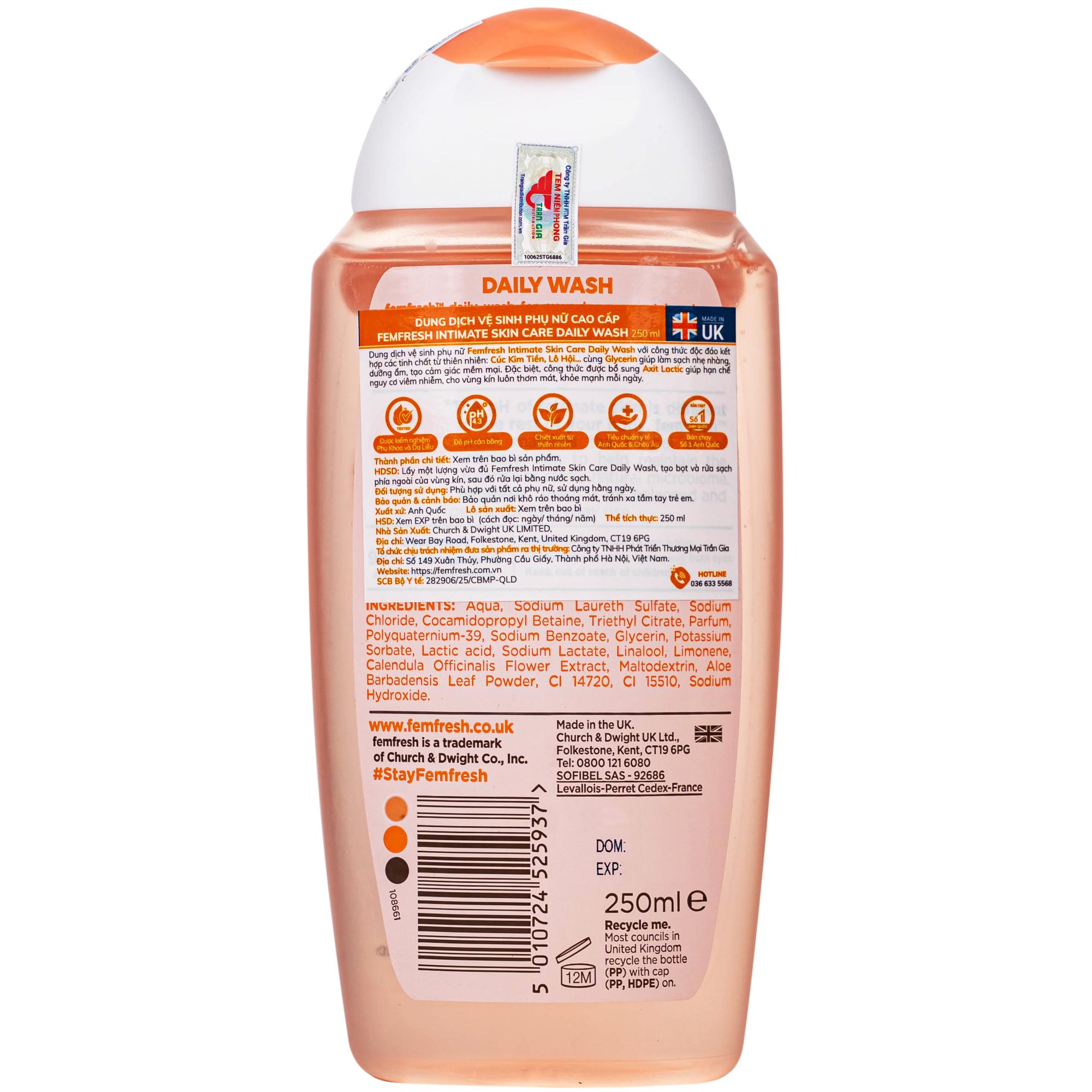 Dung dịch vệ sinh phụ nữ Femfresh Intima Skin Care Daily Wash giúp làm sạch khử khuẩn hàng ngày (250ml)