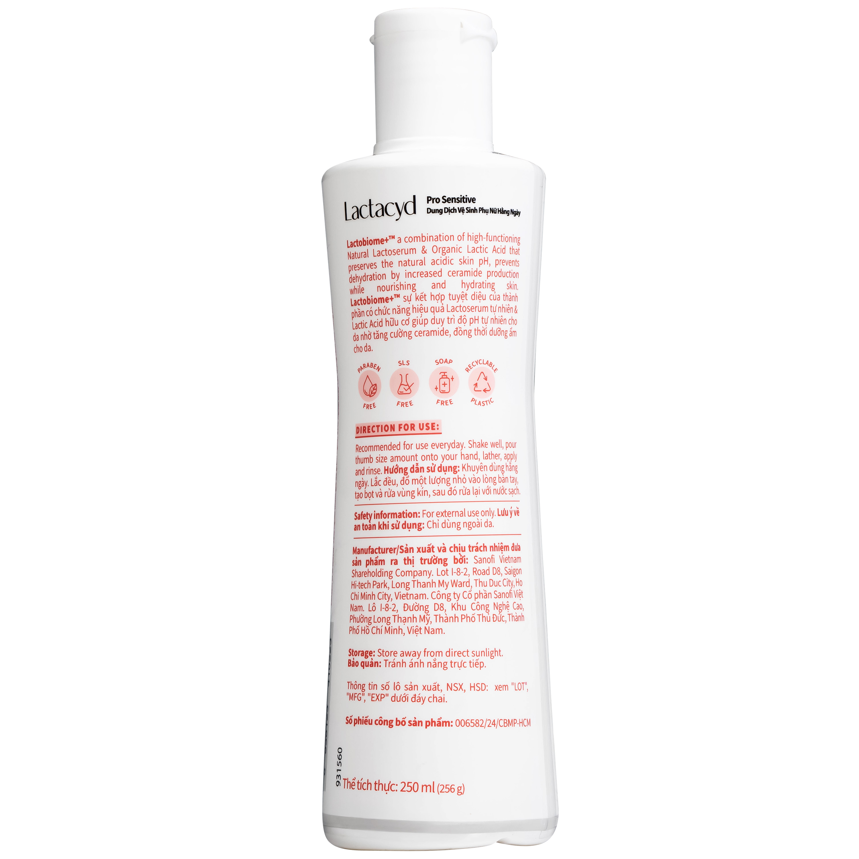 Dung dịch vệ sinh phụ nữ Lactacyd Pro Sensitive kháng khuẩn, giảm ngứa (250ml)