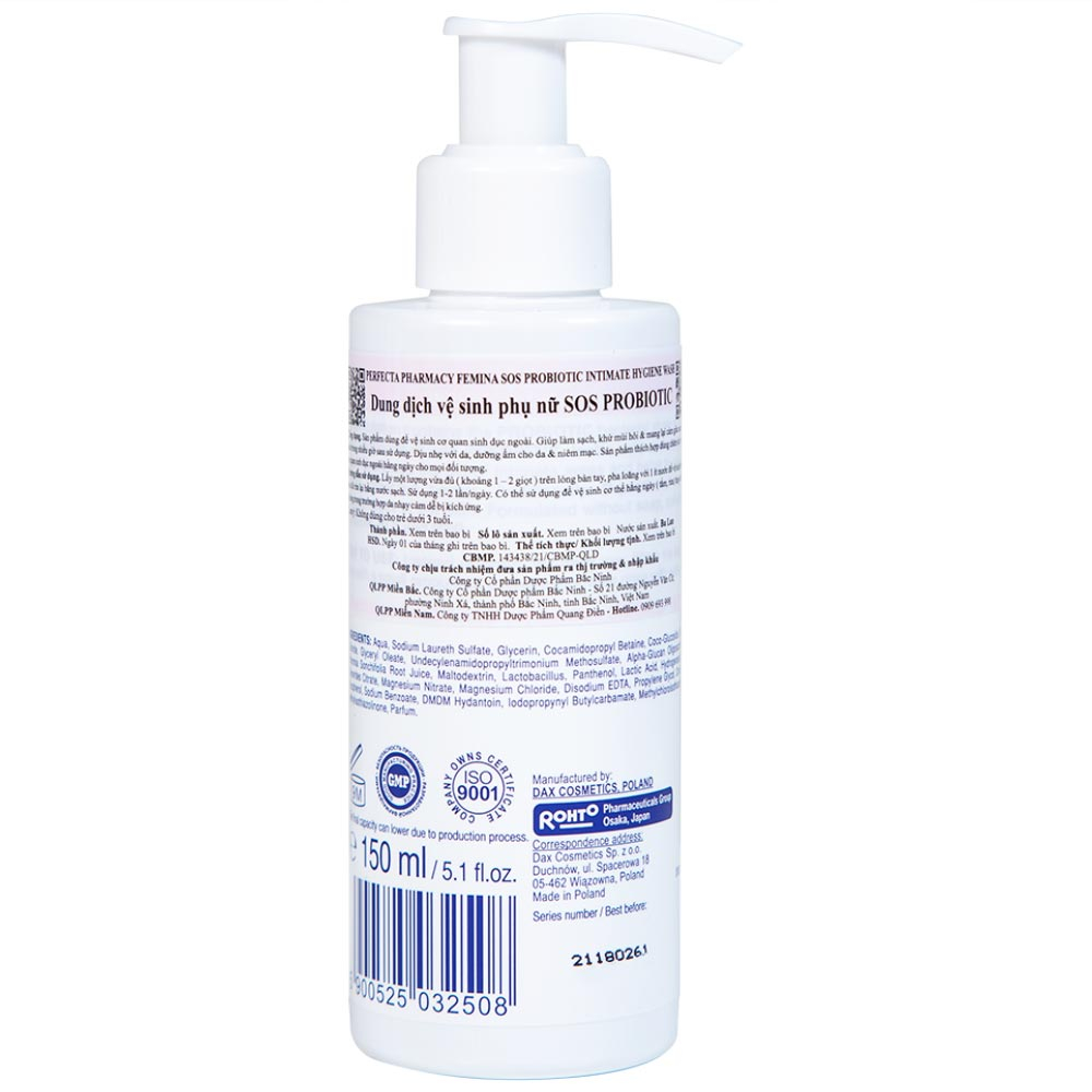 Dung dịch vệ sinh phụ nữ Perfecta Pharmacy Femina SOS hỗ trợ giảm ngứa, kháng khuẩn (150ml)