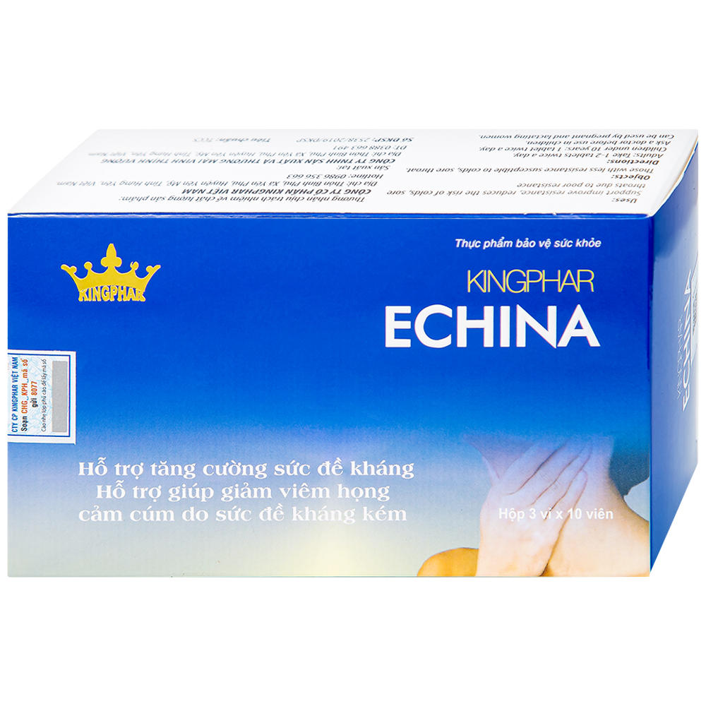Viên uống hỗ trợ tăng cường sức đề kháng, giúp giảm nguy cơ cảm cúm, viêm họng Echina Kingphar (3 vỉ x 10 viên)
