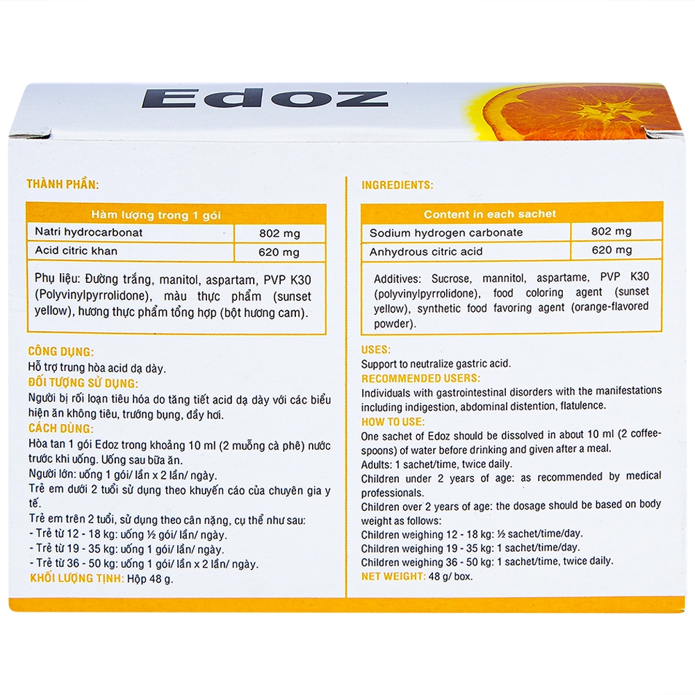 Bột sủi bọt hỗ trợ trung hòa acid dạ dày Edoz DHG (24 gói x 2g)