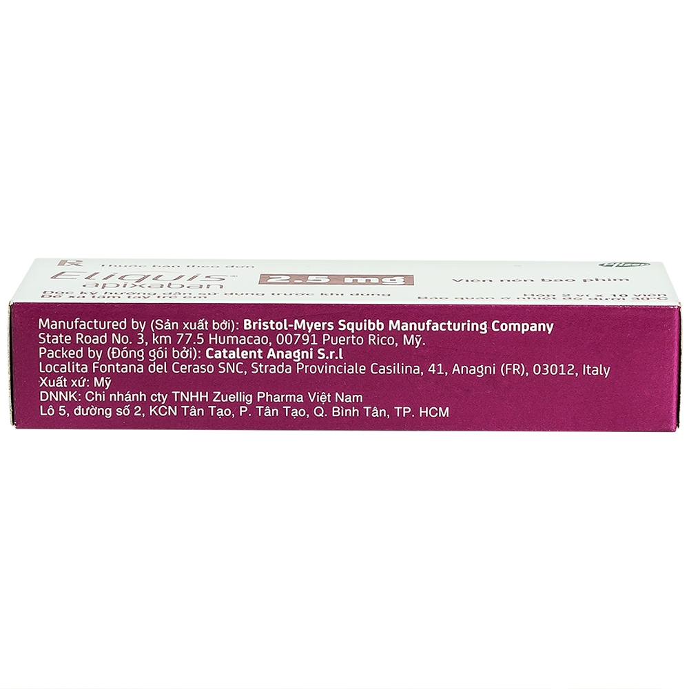 Thuốc Eliquis 2.5mg Pfizer phòng ngừa biến cố thuyên tắc huyết khối tĩnh mạch, đột quỵ (20 viên)