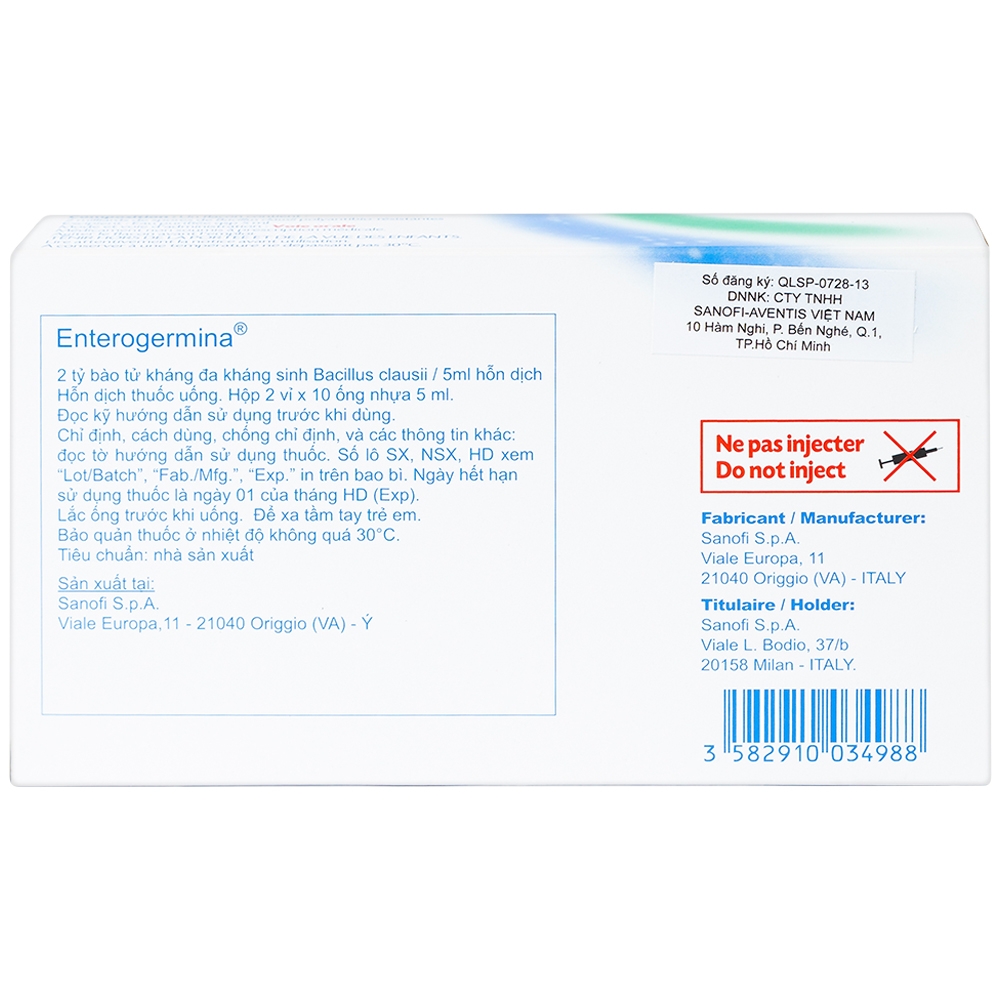 Hỗn dịch uống men vi sinh Enterogermina 2 tỷ/5ml điều trị rối loạn tiêu hóa (2 vỉ x 10 ống)
