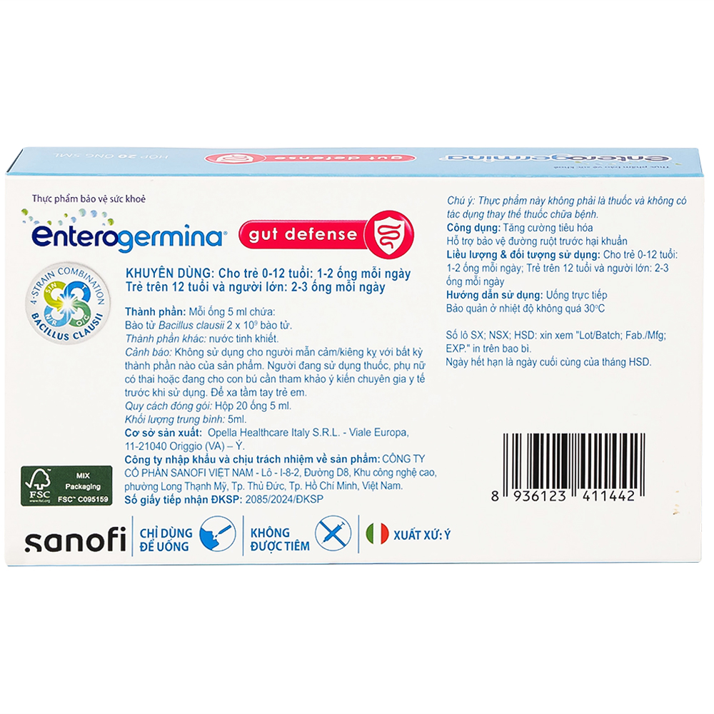 Hỗn dịch uống men vi sinh Enterogermina Gut Defense Sanofi tăng cường tiêu hóa, hỗ trợ bảo vệ đường ruột