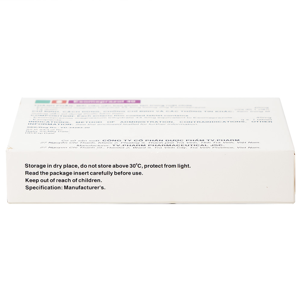 Thuốc Esomeprazol 40 Tv.Pharm điều trị loét dạ dày, trào ngược dạ dày, thực quản (3 vỉ x 10 viên)