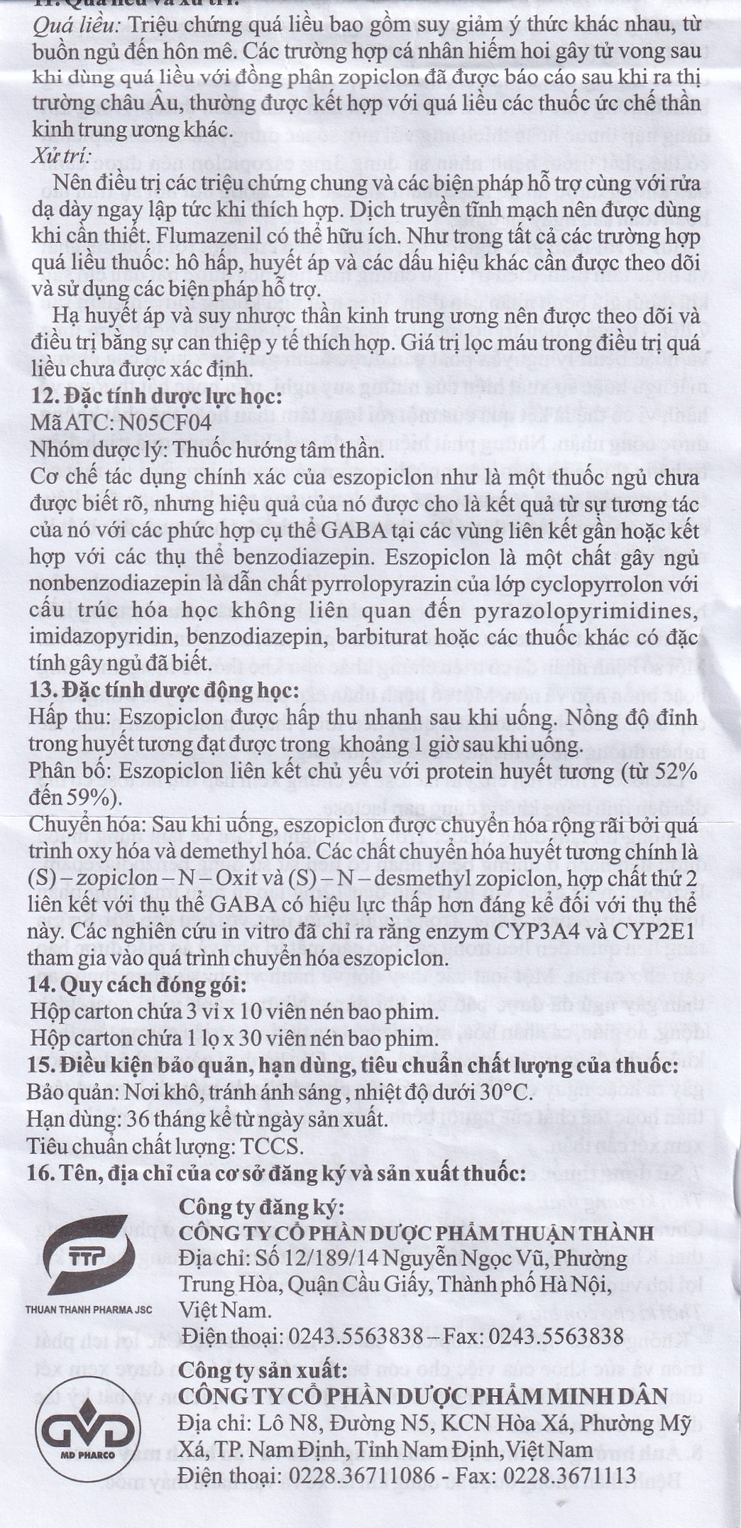 Thuốc Eszopiclone 2mg Minh Dân điều trị chứng mất ngủ (3 vỉ x 10 viên)