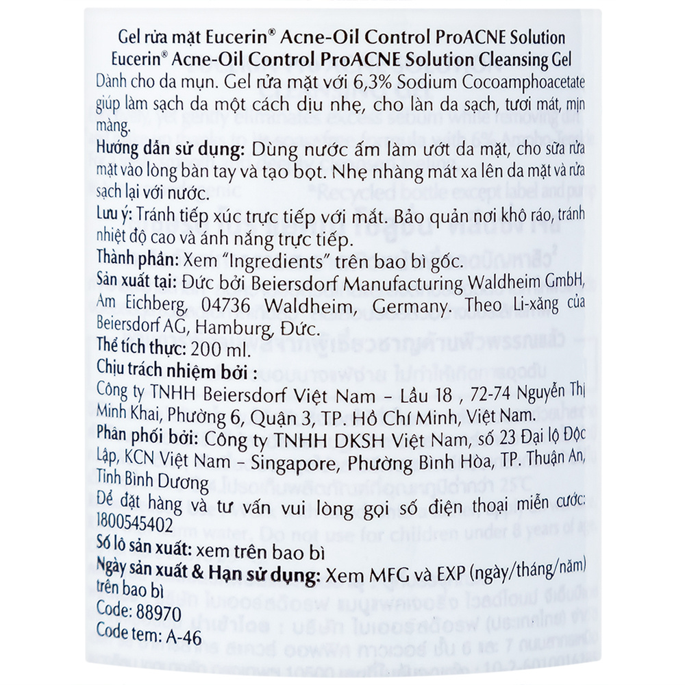 Gel rửa mặt cho da nhờn mụn Eucerin Pro Acne Cleansing (200ml)
