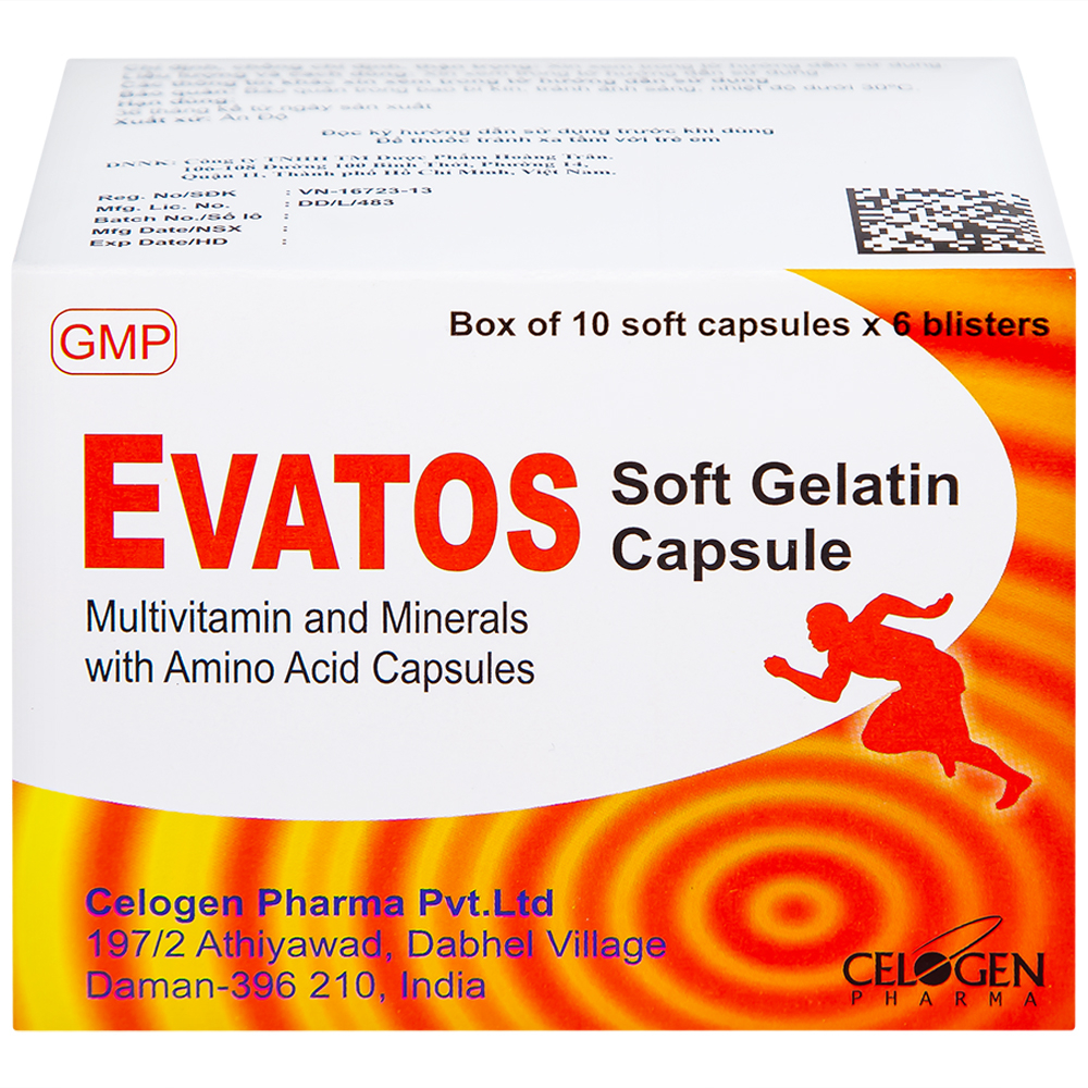 Thuốc Evatos Celogen Pharma bổ sung Vitamin, chất khoáng và một số acid amin (6 vỉ x 10 viên)