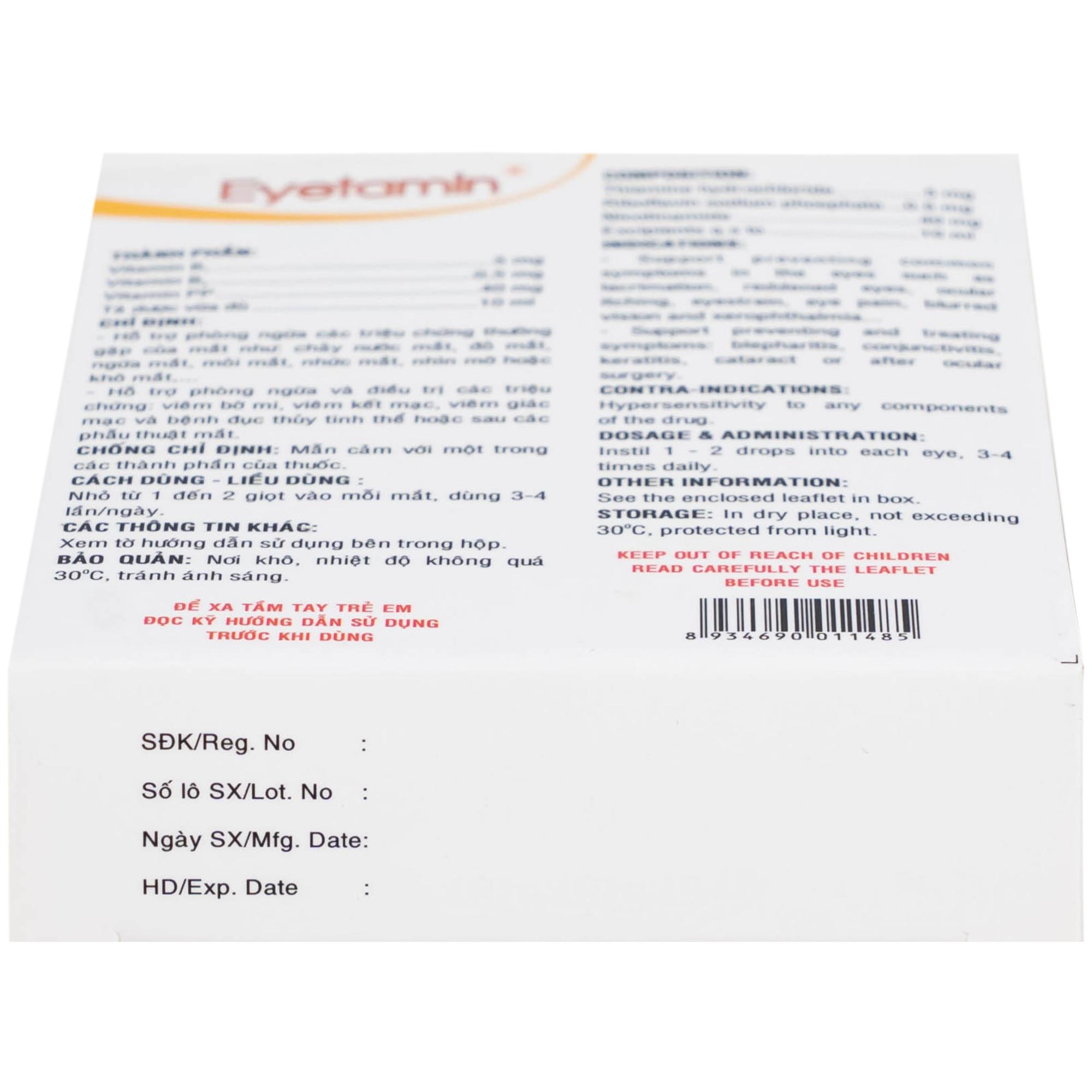 Dung dịch nhỏ mắt Eyetamin 10ml Bidiphar hỗ trợ phòng ngừa các triệu chứng chảy nước mắt, đỏ mắt 