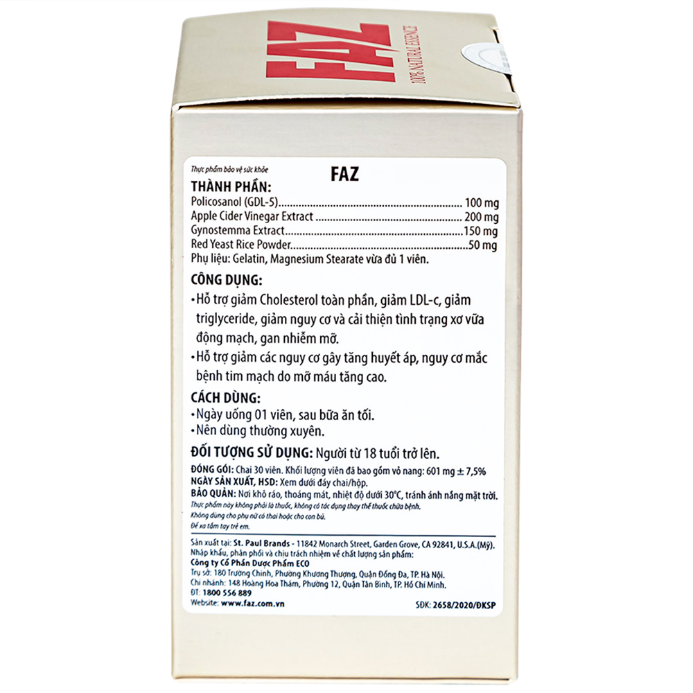 Viên uống hỗ trợ giảm cholesterol toàn phần giảm LDL-c Ecogreen FAZ (30 viên)