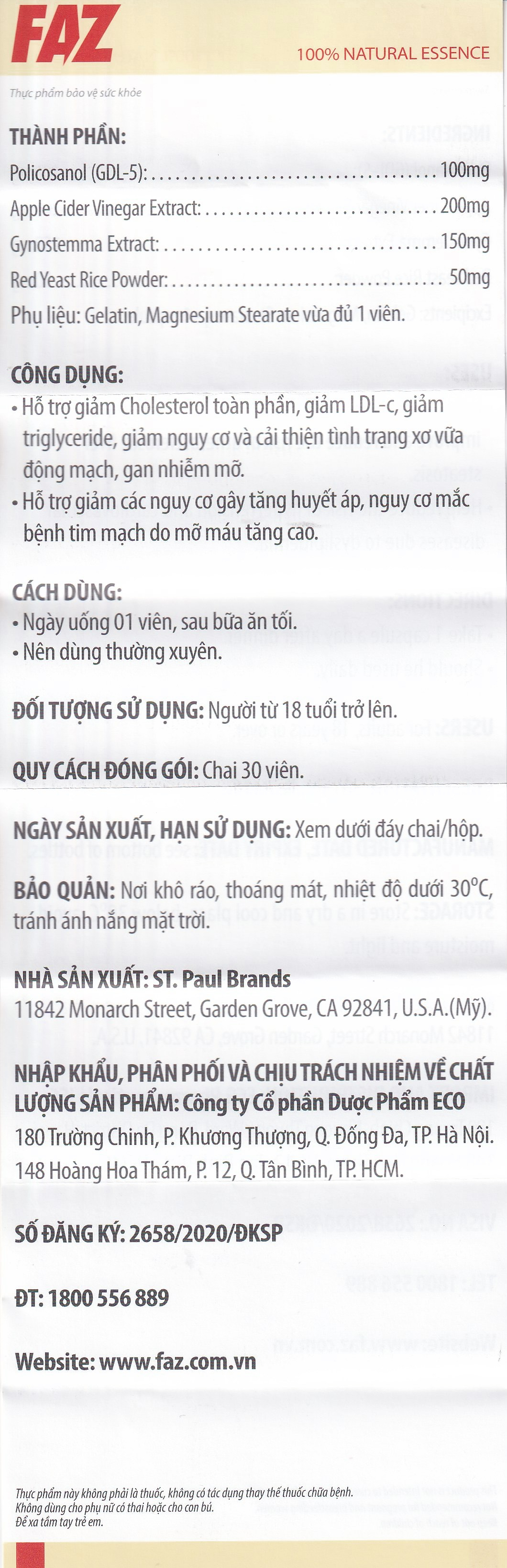 Viên uống hỗ trợ giảm cholesterol toàn phần giảm LDL-c Ecogreen FAZ (30 viên)